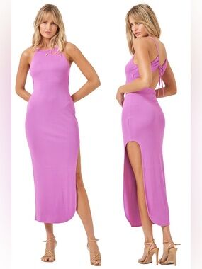 NWT L*Space Renata Ribbed Bodycon Midi Dress Purple Open Back Slit Size Large